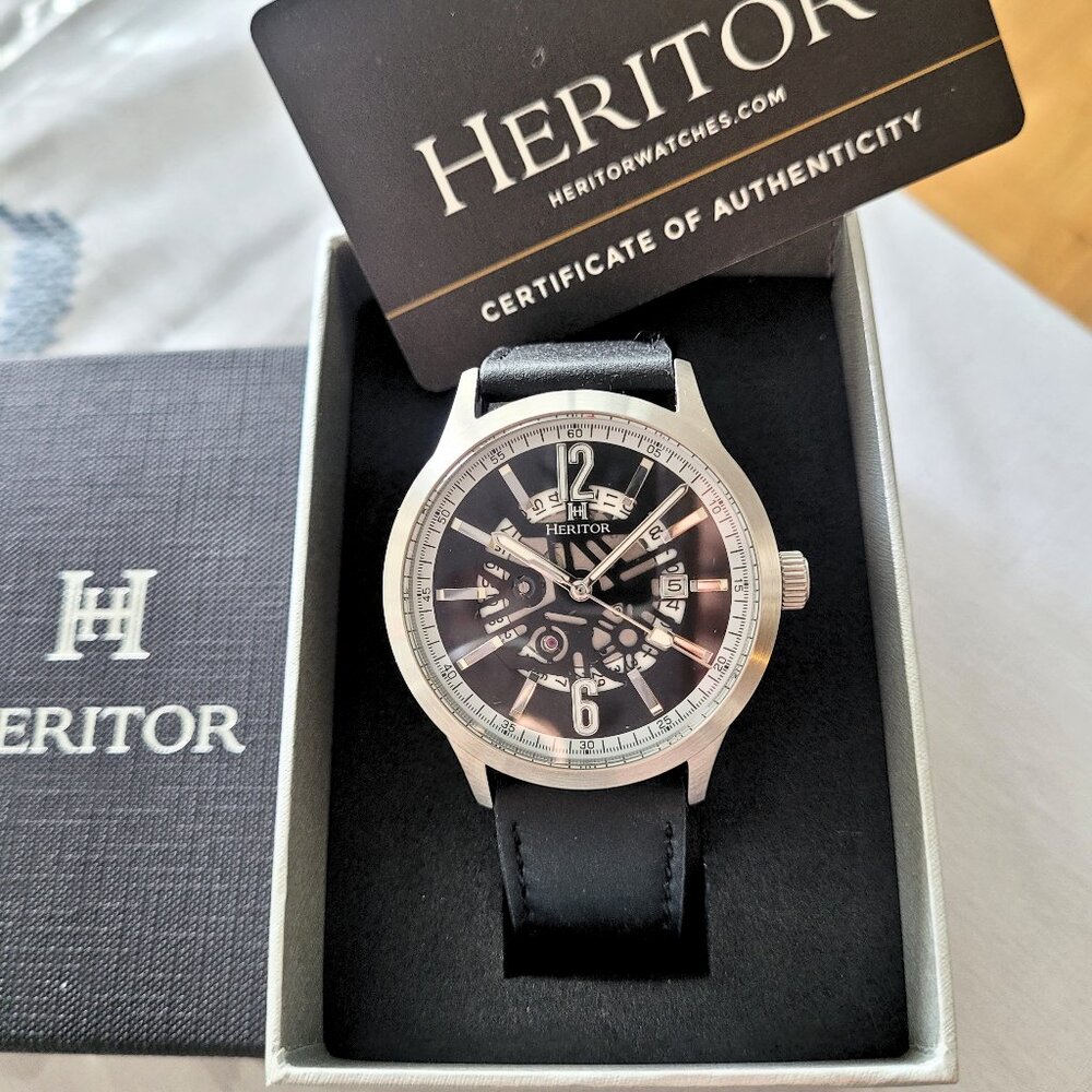 Heritor Men's Automatic Skeleton Dial Black Leather Watch